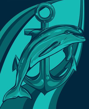 dolphin around an anchor vector illustration design