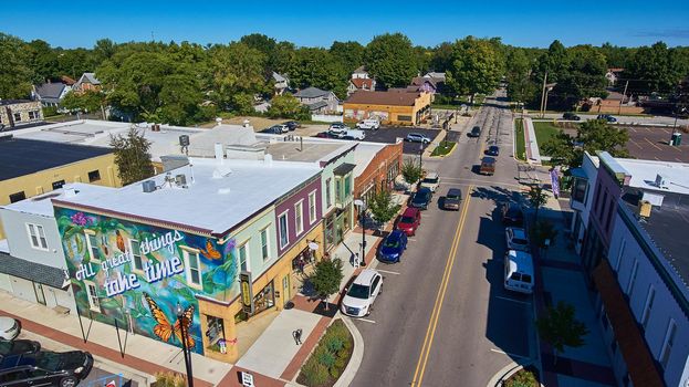 Aerial of mural with monarch butterflies in shopping district of small city