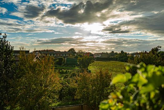 Panorama of countryside village sunset landscape in autumn