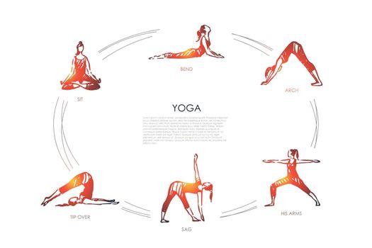 Yoga - sit, bend, arch, his arms, sag, tip over vector concept set