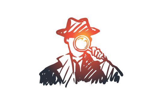 Detective, weapon, magnifying glass, inspector concept. Hand drawn isolated vector.