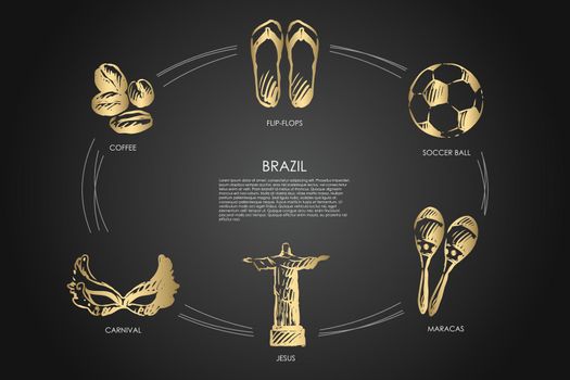 Brazil - coffee, flip-flops, carnival, jesus, maracas, soccer ball vector concept set