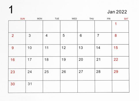 January 2022 calendar template.