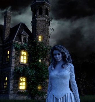 Scary ghost woman in an old haunted house at night