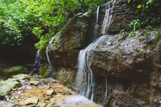 Waterfalls over large boulder in lush green forest