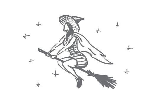 Hand drawn Halloween magic woman flying on broom