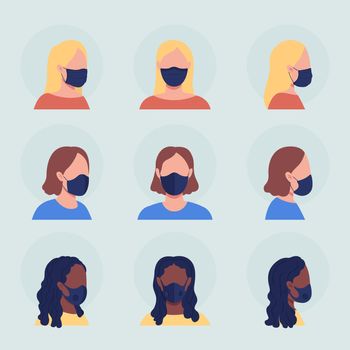 Different women in mask semi flat color vector character avatar set