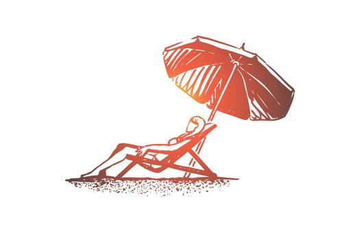Beach, girl, summer, umbrella, sunbathe concept. Hand drawn isolated vector.