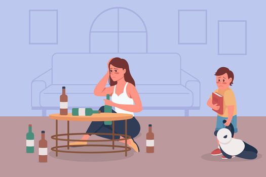 Alcoholism in family flat color vector illustration
