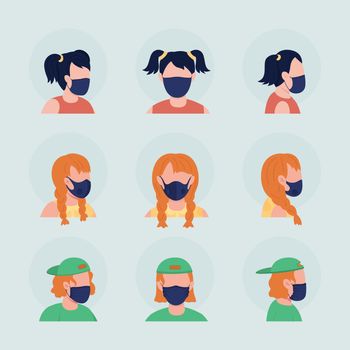 Teens with black masks semi flat color vector character avatar set