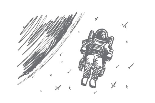 Hand drawn astronaut floating in outer space