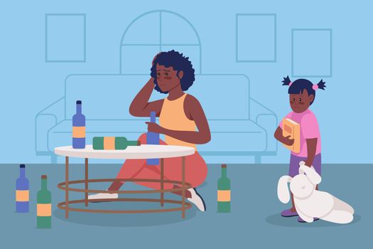 Alcoholism issue in family flat color vector illustration