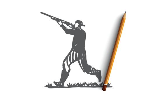 Hunter, rifle, shooting, weapon, man concept. Hand drawn isolated vector.
