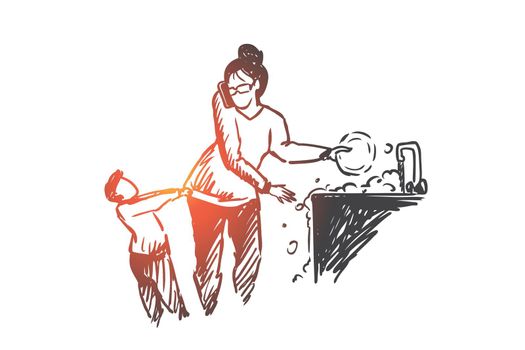 Multitasking woman concept. Hand drawn isolated vector.