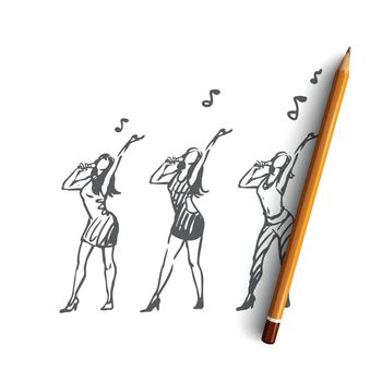 Music, dance, woman, singer, performance concept. Hand drawn isolated vector.