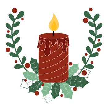 Christmas candle with deciduous twigs and holly, vector illustration.
