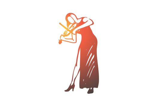 Violin, classic, music, woman, concert concept. Hand drawn isolated vector.