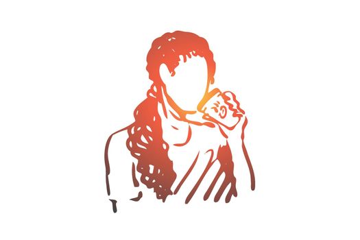Woman, drinking, cup, coffee, beverage concept. Hand drawn isolated vector.