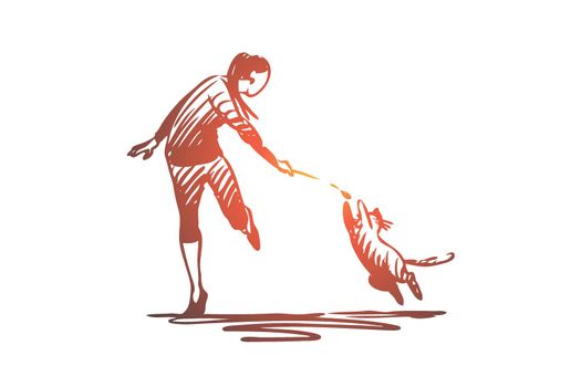 Woman, pet, cat, play, kitty concept. Hand drawn isolated vector.