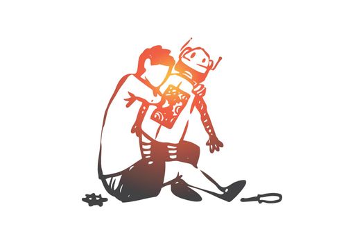 Robot, boy, play, mechanical, innovation concept. Hand drawn child playing with robot concept sketch. Isolated vector illustration.
