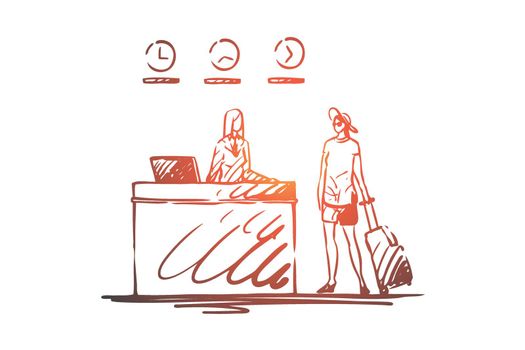 Airport, travel, passenger, luggage, registration concept. Hand drawn isolated vector.