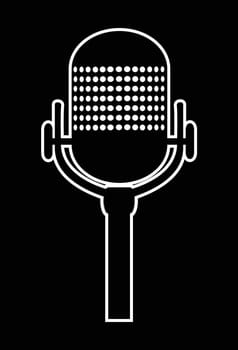 Typical retro microphone in white line drawing over a black background