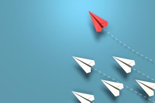 Red paper origami plane have individual direction from unique white planes in different way on blue background. Business strategy and opportunity concept. 3D illustration