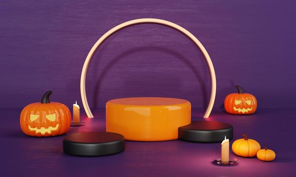 Halloween day orange and purple pumpkin product podium stage and spooky candlelight for empty advertisement background. Holiday and season concept. Spooky and funny theme. 3D illustration rendering