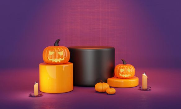 Halloween day orange and purple pumpkin product podium stage and spooky candlelight for empty advertisement background. Holiday and season concept. Spooky and funny theme. 3D illustration rendering