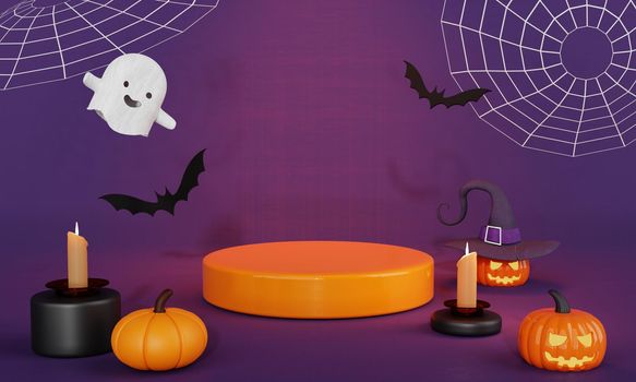 Halloween day orange black with cute ghost pumpkin and bats product podium stage and spooky candlelight on purple background. Holiday and season concept. Spooky funny theme. 3D illustration rendering