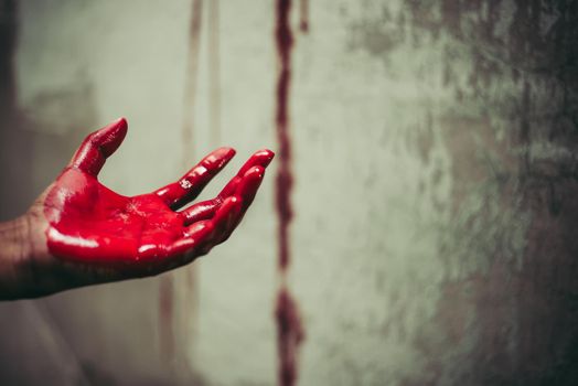 Close up of bloody hands in abandon house background. Horror and ghost concept. Criminal and murder concept. Halloween day and sacrifice theme. People and religion theme. Open the palm of the hands.