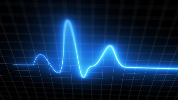 Blue heartbeat monitor EKG line monitor with moving camera processing heartthrob display. Electrocardiogram medical screen graph of heart rhythm on black background with white grid. 3D illustration