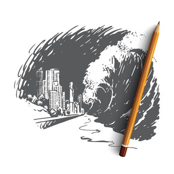 Tsunami, danger, wave, disaster, sea, earthquake concept. Hand drawn isolated vector.
