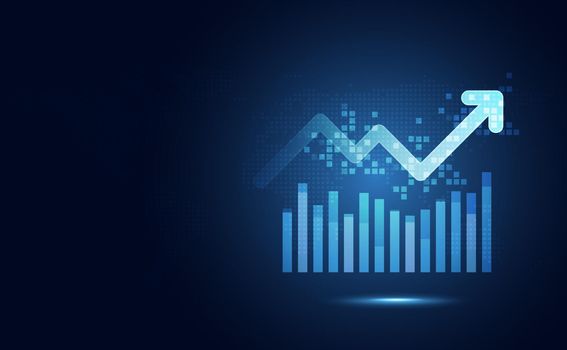 Futuristic blue rise up bar chart with arrow abstract technology background. Economy and financial concept. Stock money profit investment progress