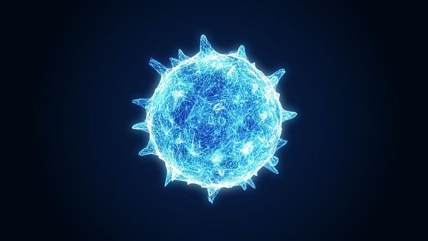 Close up glowing influenza virus on dark blue background. Blue abstract plexus wireframe Coronavirus. Science and medical. Micro nucleus of Corona virus cell in human body. 3D illustration rendering