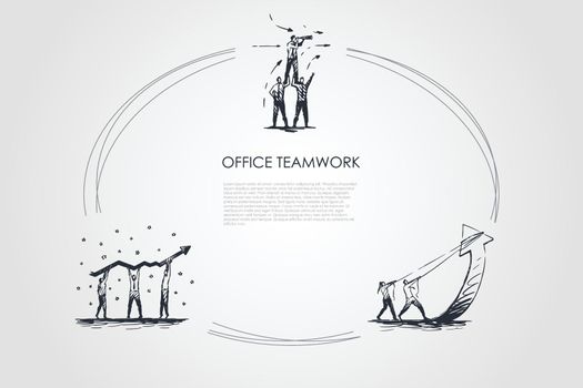 Office teamwork - business people in teams looking ahead, holding and carrying marketing indicators vector concept set