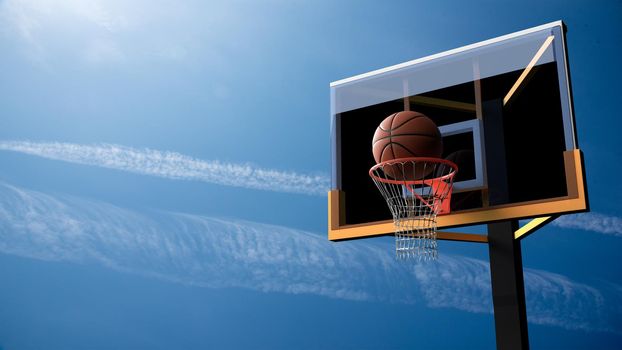 Basketball going into hoop on beautiful blue sky background. Sport and Competitive game concept. 3D illustration.