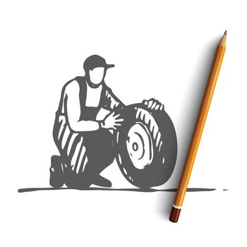 Car, wheel, repair, auto, service, replace concept. Hand drawn isolated vector.