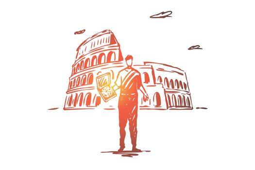 Italy, country, pizza, Colosseum, Rome concept. Hand drawn isolated vector.
