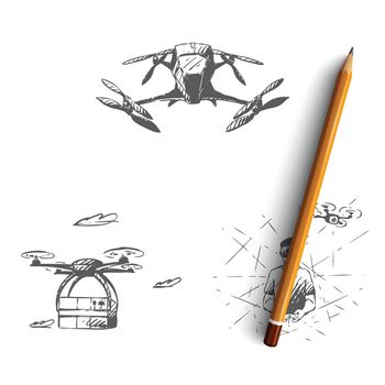 Drones - equipment and extensions, remote control on vr, modern fly transport vector concept set