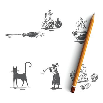 Halloween - black cat, witch, poison, potion, broom, spell vector concept set