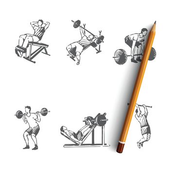 Body building - man making exercises with barbell in gym vector concept set