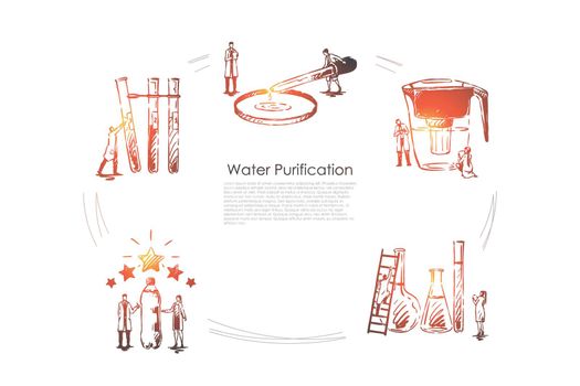 Water purification - devices for purification water pipette, flask, bottle, filter vector concept set
