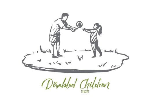 Handicapped, boy, disabled, play, ball, prosthesis concept. Hand drawn isolated vector.