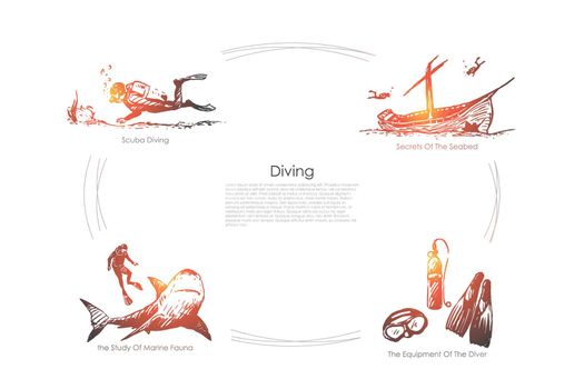 Diving - scuba diving, secrets of the seabed, the equipment of the diver, the study of marine fauna vector concept set