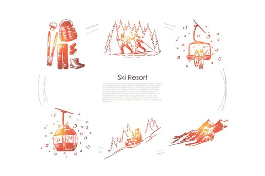Ski resort - ski equipment and clothes, going by sledges with child, skiing in forest, ski lift and cabin vector concept set