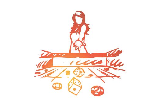 Casino, woman, game, dice, gamble concept. Hand drawn isolated vector.