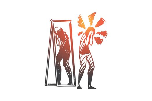 Mirror, woman, reflection, inferiority, complex concept. Hand drawn isolated vector.