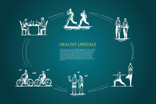 Healthy lifestyle - people jogging, walking, doing yoga, sunbathing, riding bicycles and drinking tea vector concept set. Hand drawn sketch isolated illustration