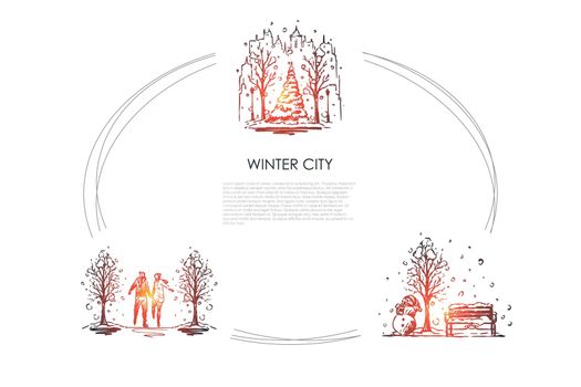 Winter city - urban landscapes under snowfall and people walking in winter park vector concept set
